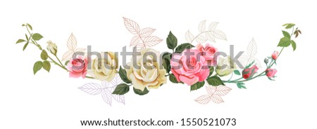 Panoramic view with white, pink roses, autumn leaves. Horizontal border for Christmas: flowers, buds, leaves on white background, digital draw, watercolor style, vector