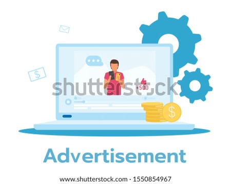 Advertisement flat vector illustration. Marketing message. Product, service promotion. Laptop display. E-commerce. Online store, shop. Business model. Isolated cartoon character on white background
