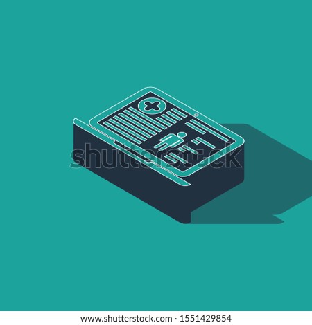 Isometric Medical clinical record on laptop icon isolated on green background. Health insurance form. Prescription, medical check marks report.  Vector Illustration