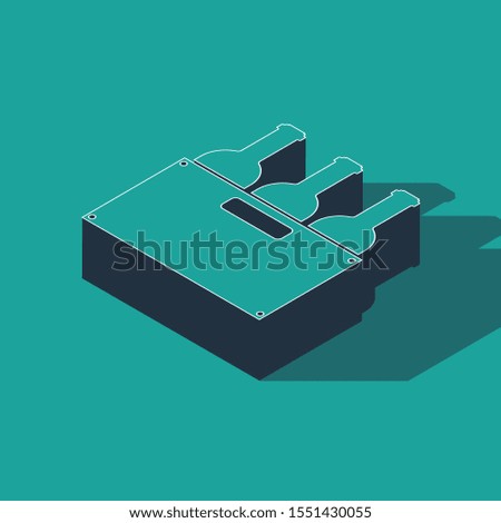 Isometric Bottles of wine in a wooden box icon isolated on green background. Wine bottles in a wooden crate icon.  Vector Illustration