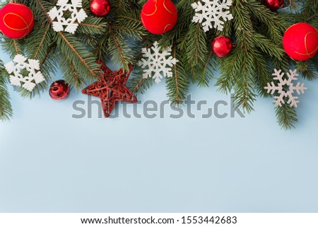 Christmas decoration on blue wooden background, copy space