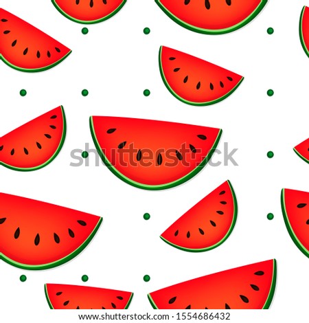 Seamless pattern with watermelon on white background. Summer illustration with colorful cute fruits. Food concept. Vector print for invitation, poster, card, fabric, textile.