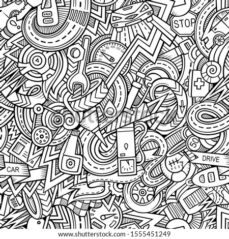 Cartoon hand-drawn sketchy doodles on the subject of car style theme seamless pattern