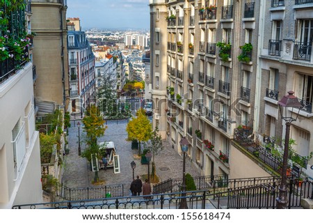 France. Paris. Streets of Montmartre in sunny autumn afternoon.