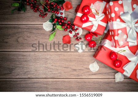 Gift box red and Accessories for Holiday Christmas background , thanksgiving Festival 2019, Copy space for text.