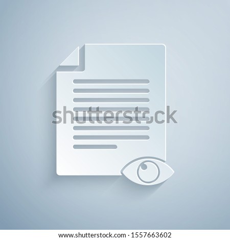 Paper cut Paper page with eye symbol icon isolated on grey background. Open information file sign. Paper art style