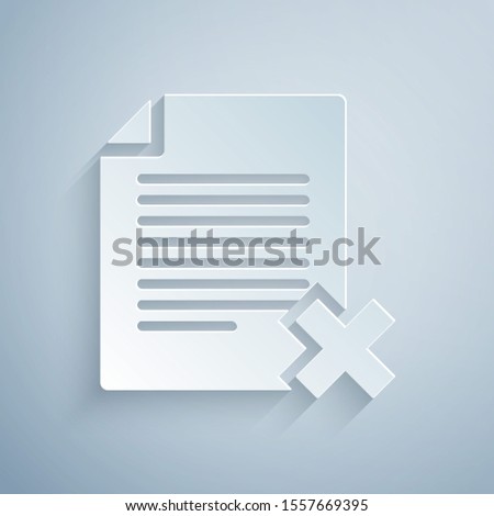 Paper cut Delete file document icon isolated on grey background. Rejected document icon. Cross on paper. Paper art style