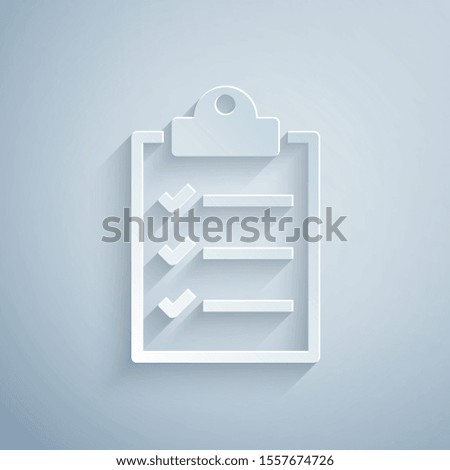 Paper cut Clipboard with checklist icon isolated on grey background. Paper art style