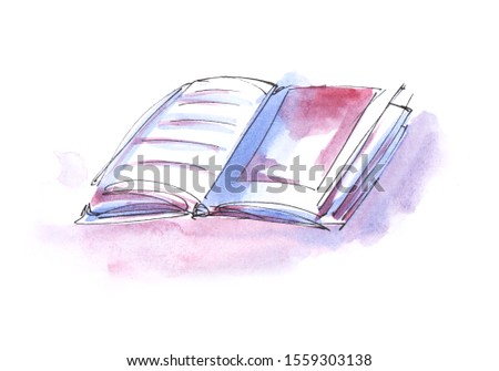 Simple inky watercolor sketch. An open book, notebook or magazine. Pink and blue colors. Hand drawn watercolor illustration.