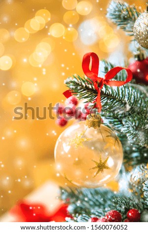 Christmas background greeting card with beautiful decor. Selective focus. Holiday.