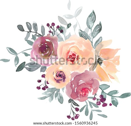Cream Mauve Watercolor Floral Arrangement Watercolor Roses and Berries Isolated on White Background