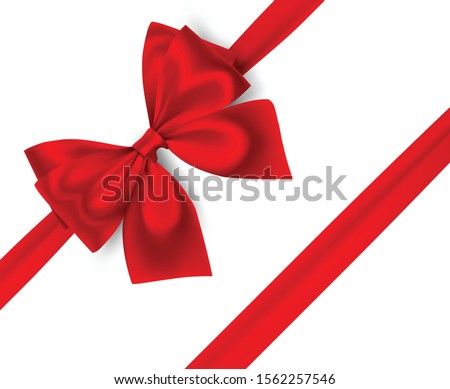 Decorative red bow with horizontal red ribbon. Vector bow for page decor isolated on white. Vector illustration