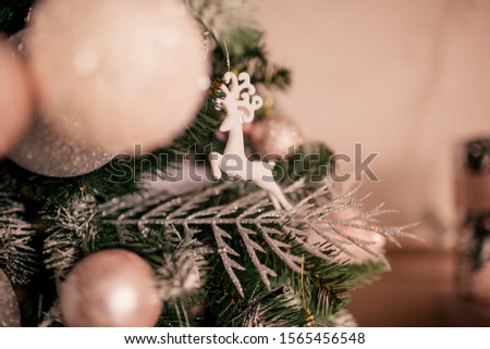 Christmas balls and decorations with magic lights. Merry Cristmas. New Year's decor.