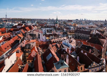 View from Clock Tower to the Red Roofs and a Thousand Spires of Prague