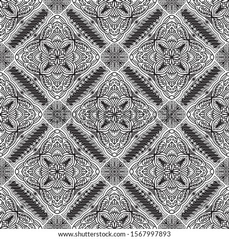 batik floral style signature of Java Indonesia black and white diagonal seamless pattern decorative endless repeated art vector