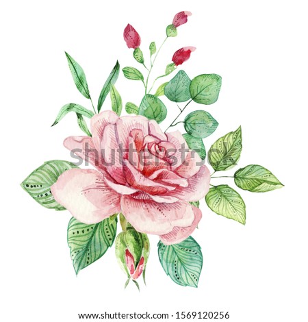 Delicate watercolor composition with roses and leaves. Trendy design, best for wedding invitation, greeting card, valentine, love, baby shower, prints, ceramic, bedding textile, background, wallpaper