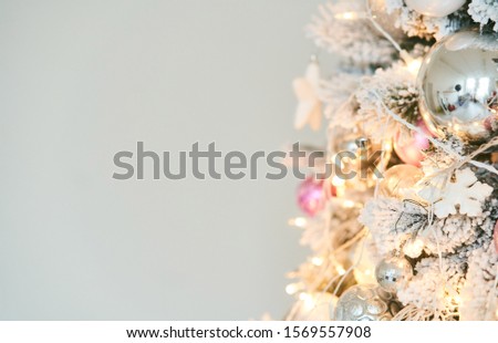 Christmas tree with New Year s balls and a garland. Copy space, Banner.