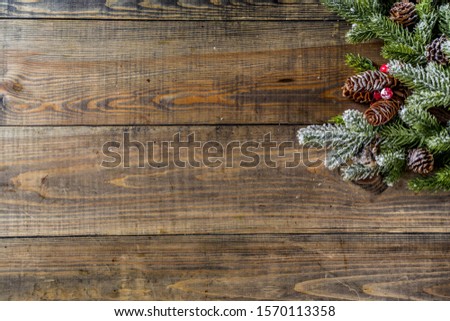 Christmas background with fir tree branches and decor. Top view, copy space