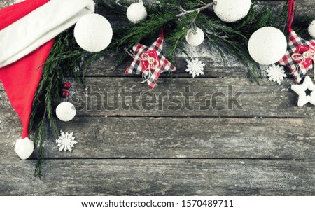 Christmas background with fir tree and balls. Top view with copy space