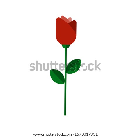 Vector flat flower icon. Vector rose illustration, flat style. Red rose with green leaves isolated on white background. Flat rose icon, vector flower illustration, minimalistic rose colored icon