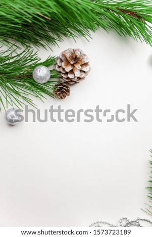 Frame from pine branches and cones with silver bulb on white background. Merry Christmas, Happy New Year and winter holidays concept. Place for text.  Vertical shot