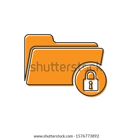 Orange Folder and lock icon isolated on white background. Closed folder and padlock. Security, safety, protection concept. 
