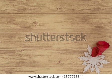 Christmas decoration on white wood table top view
