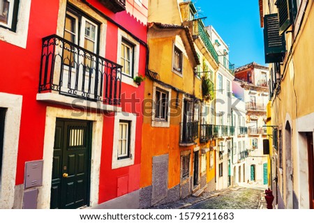 Colorful architecture in Lisbon, Portugal. View of the hills in Old town. Famous travel destination