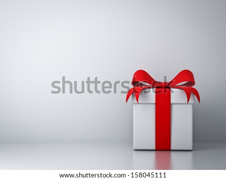 Gift box with red ribbon bow and empty white wall background abstract