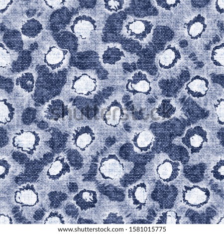 Indigo-Dyed Canvas Textured Bubble Dots Graphic Motif. Seamless Pattern.