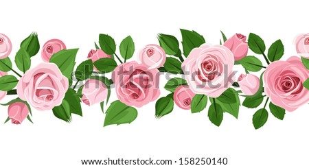 Horizontal seamless background with pink roses. Vector illustration.