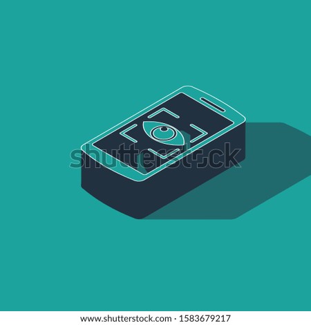 Isometric Mobile phone and eye scan icon isolated on green background. Scanning eye. Security check symbol. Cyber eye sign.  