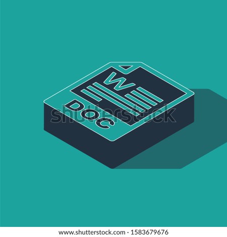 Isometric DOC file document. Download doc button icon isolated on green background. DOC file extension symbol.  