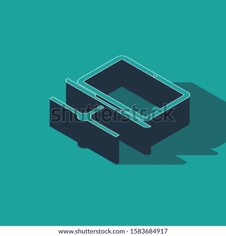 Isometric Computer network icon isolated on green background. Laptop network. Internet connection.  