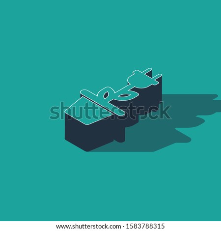 Isometric Electric saving plug in pot icon isolated on green background. Save energy electricity icon. Environmental protection icon. Bio energy.  Vector Illustration