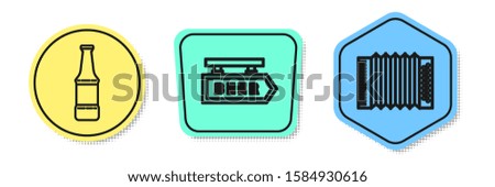 Set line Beer bottle, Street signboard with inscription Beer and Musical instrument accordion. Colored shapes. Vector