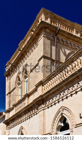 Italy, Sicily, Mediterranean sea, Marina di Ragusa (Ragusa Province), the baroque facade of an old house downtown