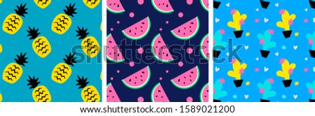 Vector set of pattern with cute blooming cactus in pot, pineapple and watermelon on bright color background. Flat style design of pattern for paper, print, textile, packaging