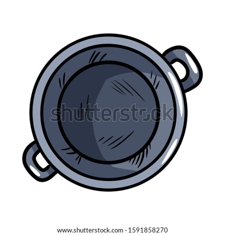 Magic cauldron with pentagram doodle. Hand drawn wiccan design. Alchemy, potions symbol. Isolated on white background lineart image