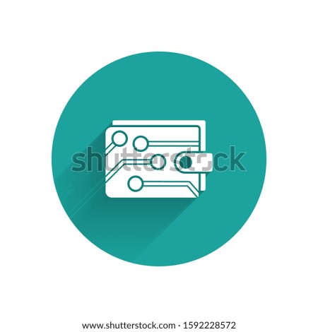 White Cryptocurrency wallet icon isolated with long shadow. Wallet and bitcoin sign. Mining concept. Money, payment, cash, pay icon. Green circle button. 