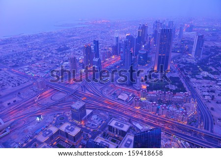 dubai city skyline   main road and new skyscrapers at sunset