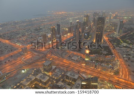 dubai city skyline   main road and new skyscrapers at sunset