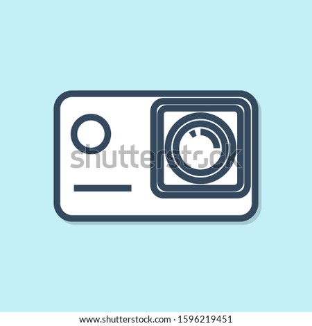 Blue line Action extreme camera icon isolated on blue background. Video camera equipment for filming extreme sports.  
