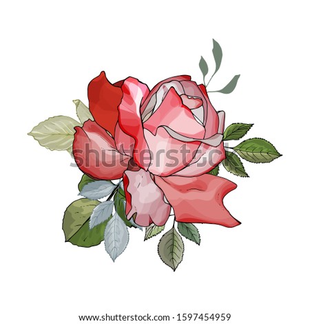 Cute bouquet of one red rose and green leaves isolated on white background. Hand drawn. Element for design. Watercolor style. Vector stock illustration.