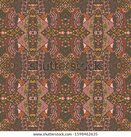 Bohemian Print. Aurous Never-Ending Damask Pattern. Rosy Brown Tribal Design. Pine Endless Backdrop. Retro Ornament. SaddleBrown Bohemian Print.