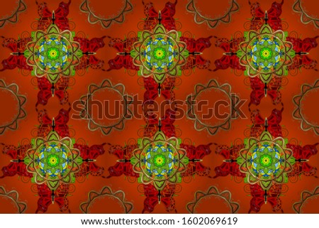 Raster hand-drawn mandala, colored abstract pattern on a red and orange colors.