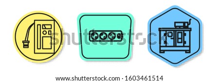Set line Battery, Electric extension cord and Diesel power generator. Colored shapes. Vector