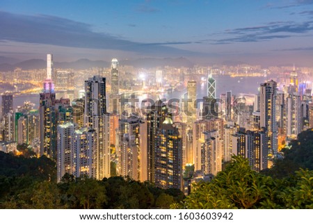 Hong Kong cityscape skyline at sunset. China