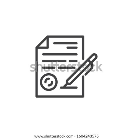 Contract signing line icon. linear style sign for mobile concept and web design. Contract document file and pen outline vector icon. Agreement, deal symbol, logo illustration. Vector graphics