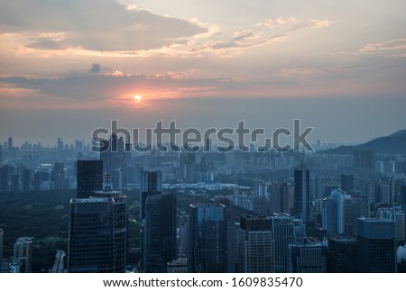 Sunset scenery of Shenzhen city buildings in China